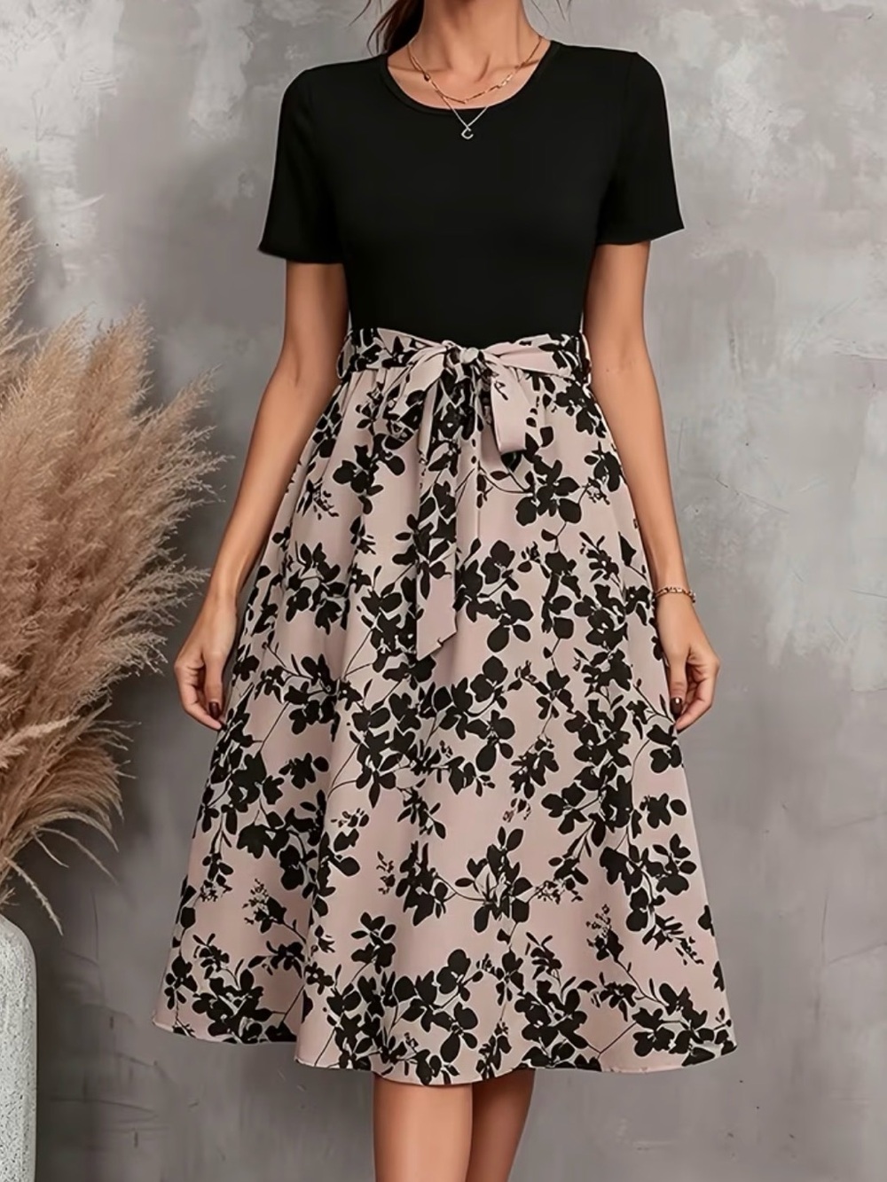 Black Top with Blush Floral A-Line Dress